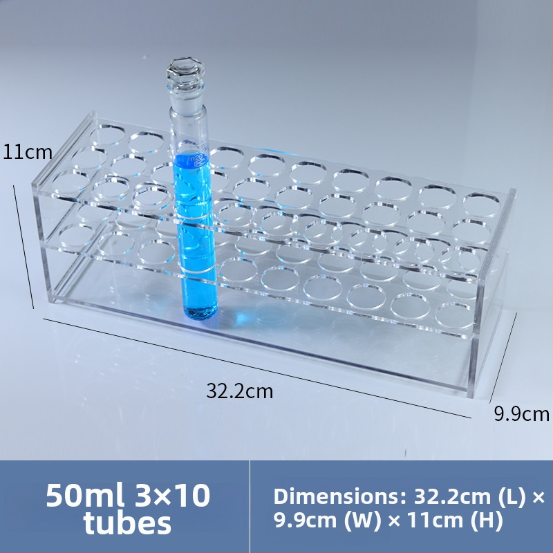 Γυάλινο στήριγμα σωληναρίων χρωματομετρίας για σωληνάρια 10/25/50/100 mL, 6–30 οπές, μονή ή διπλή σειρά