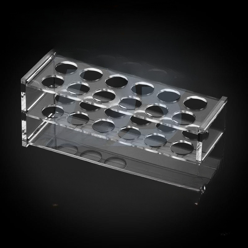 Γυάλινο στήριγμα σωληναρίων χρωματομετρίας για σωληνάρια 10/25/50/100 mL, 6–30 οπές, μονή ή διπλή σειρά