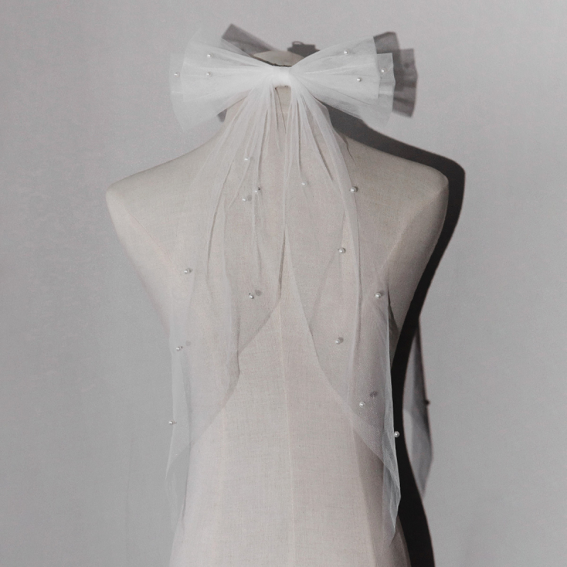 Dodatak za glavu od mrežaste tkanine s mašnom od perlica, oblik mašne, duljina do lakta, Xi yi marka, za vjenčanje i proslave