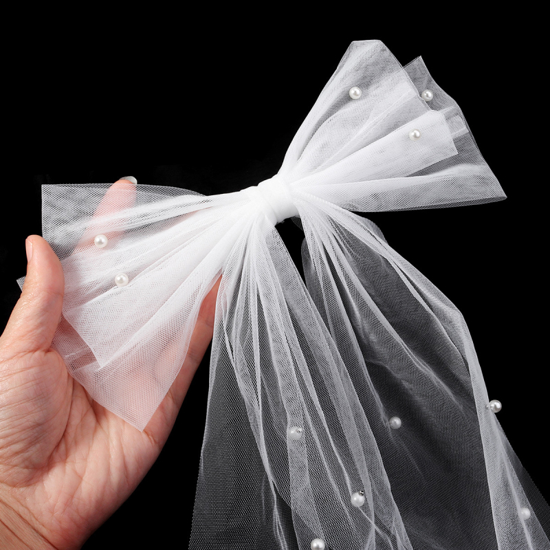 Dodatak za glavu od mrežaste tkanine s mašnom od perlica, oblik mašne, duljina do lakta, Xi yi marka, za vjenčanje i proslave