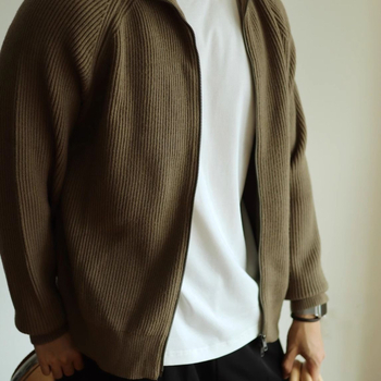 Cardigan tricotat gros cu fermoar și guler înalt, tricot dens, colecția de iarnă 2019