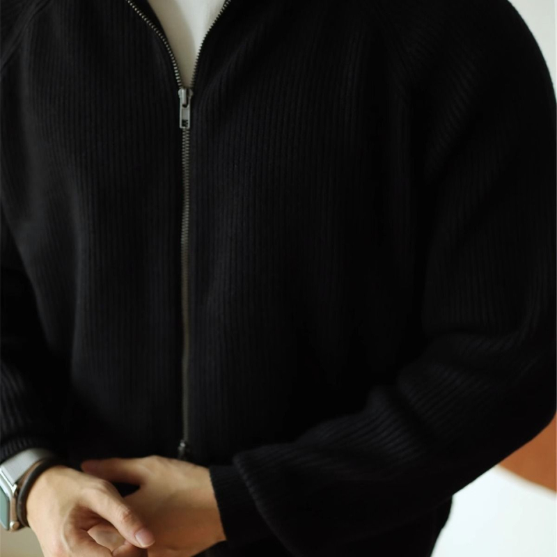 Cardigan tricotat gros cu fermoar și guler înalt, tricot dens, colecția de iarnă 2019