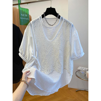 Ženska šifon bluza s čipkastim dijelom, udobna silueta, okrugli izrez, 3/4 rukavi, srednja duljina 65–80 cm