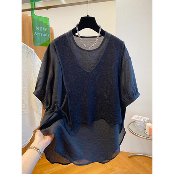 Ženska šifon bluza s čipkastim dijelom, udobna silueta, okrugli izrez, 3/4 rukavi, srednja duljina 65–80 cm