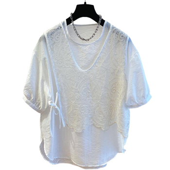 Ženska šifon bluza s čipkastim dijelom, udobna silueta, okrugli izrez, 3/4 rukavi, srednja duljina 65–80 cm