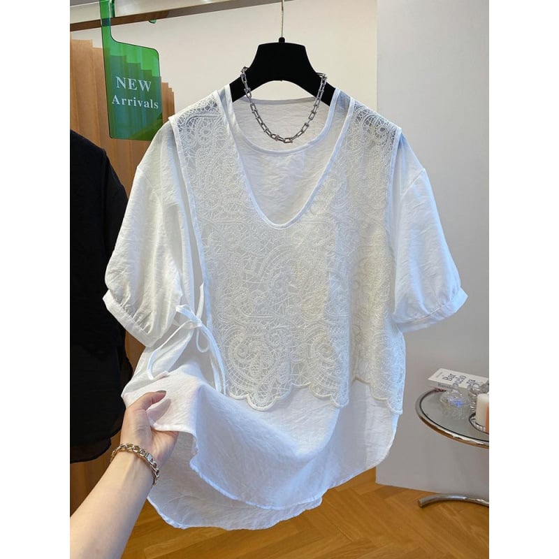 Ženska šifon bluza s čipkastim dijelom, udobna silueta, okrugli izrez, 3/4 rukavi, srednja duljina 65–80 cm