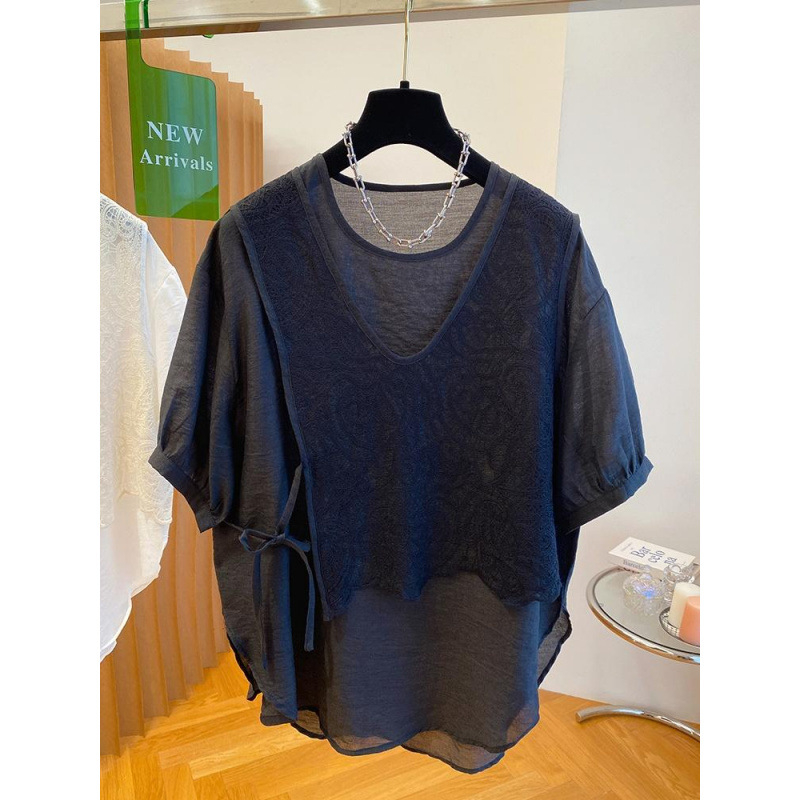 Ženska šifon bluza s čipkastim dijelom, udobna silueta, okrugli izrez, 3/4 rukavi, srednja duljina 65–80 cm