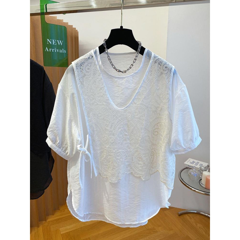 Ženska šifon bluza s čipkastim dijelom, udobna silueta, okrugli izrez, 3/4 rukavi, srednja duljina 65–80 cm