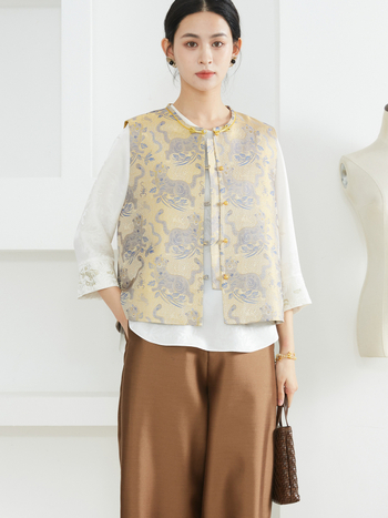 Жилет от коприна в китайски стил, жакардов дизайн; коприна 95%+, кръгла яка, еднободно закопчаване