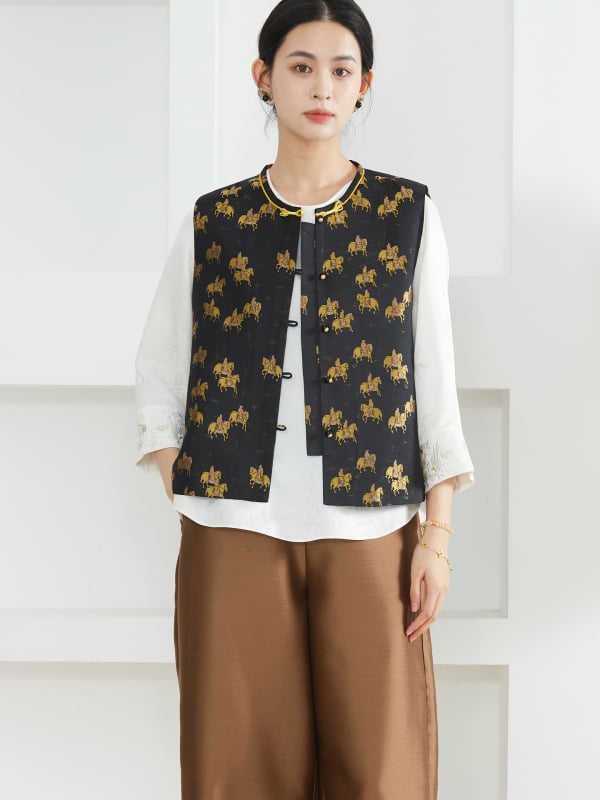 Жилет от коприна в китайски стил, жакардов дизайн; коприна 95%+, кръгла яка, еднободно закопчаване