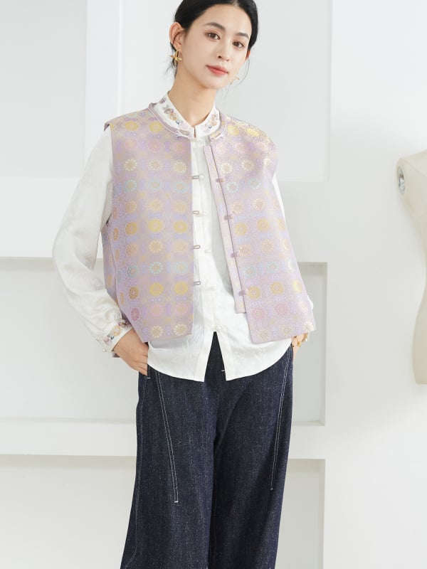 Жилет от коприна в китайски стил, жакардов дизайн; коприна 95%+, кръгла яка, еднободно закопчаване