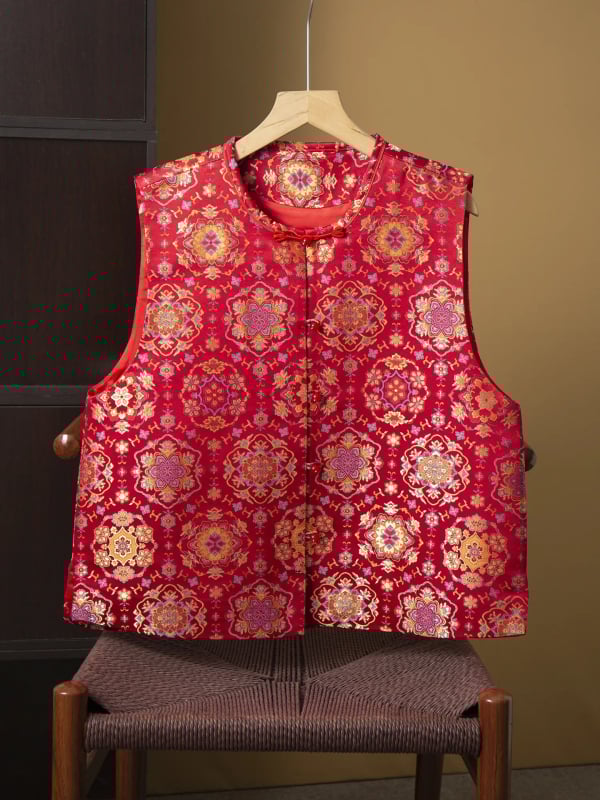Жилет от коприна в китайски стил, жакардов дизайн; коприна 95%+, кръгла яка, еднободно закопчаване