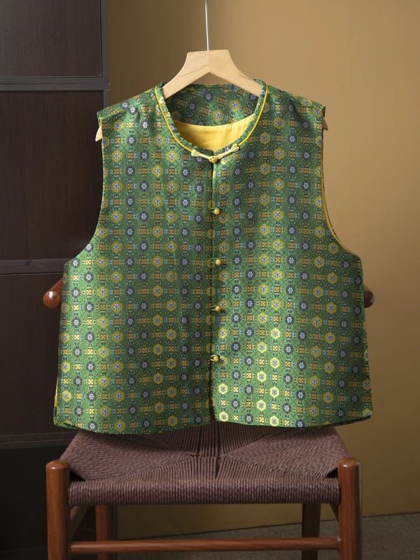 Жилет от коприна в китайски стил, жакардов дизайн; коприна 95%+, кръгла яка, еднободно закопчаване