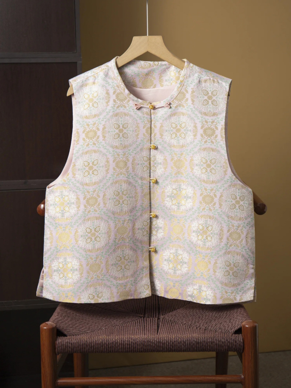 Жилет от коприна в китайски стил, жакардов дизайн; коприна 95%+, кръгла яка, еднободно закопчаване