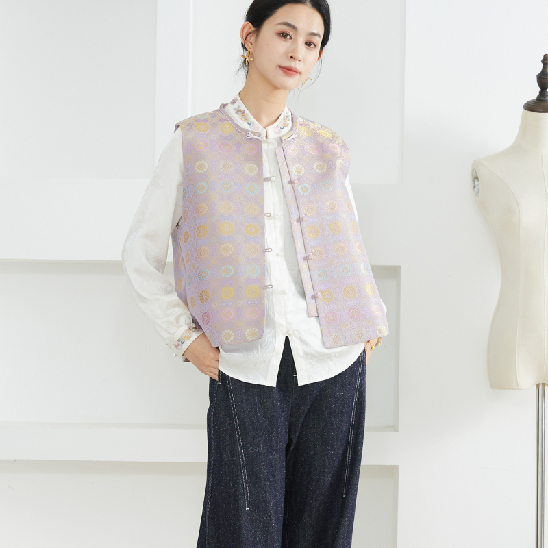 Жилет от коприна в китайски стил, жакардов дизайн; коприна 95%+, кръгла яка, еднободно закопчаване