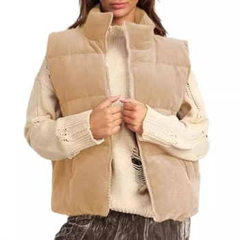 Женска corduroy жилетка със пълнеж от памук, стойкова яка, къс силует, цип отпред, Зима 2023