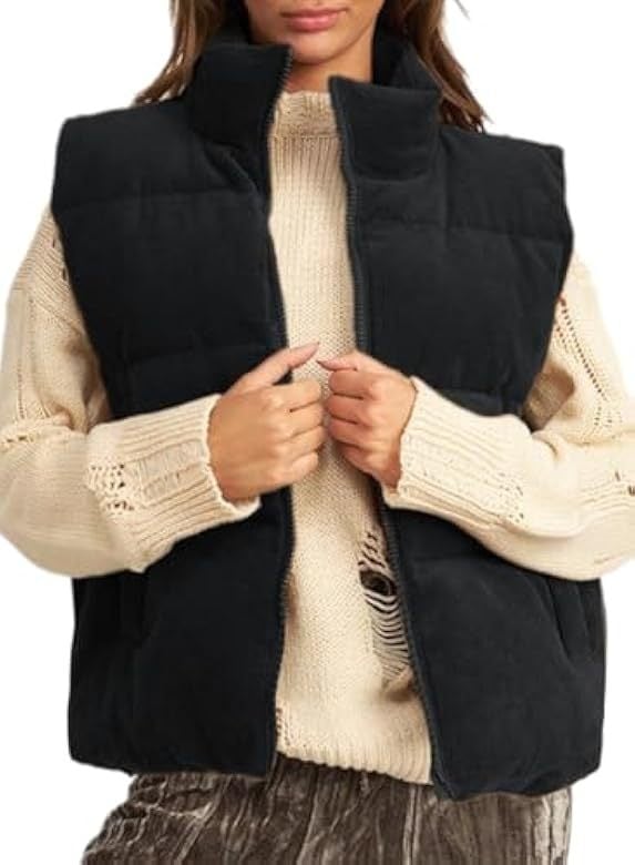 Женска corduroy жилетка със пълнеж от памук, стойкова яка, къс силует, цип отпред, Зима 2023