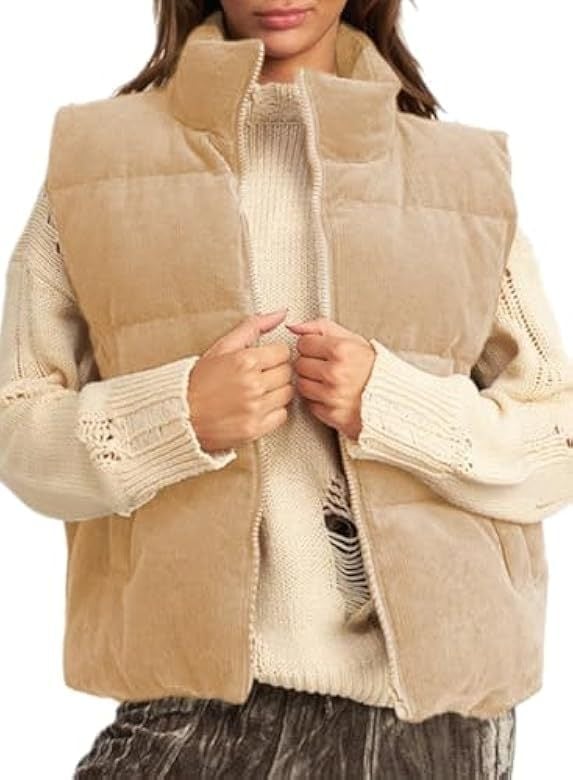 Женска corduroy жилетка със пълнеж от памук, стойкова яка, къс силует, цип отпред, Зима 2023