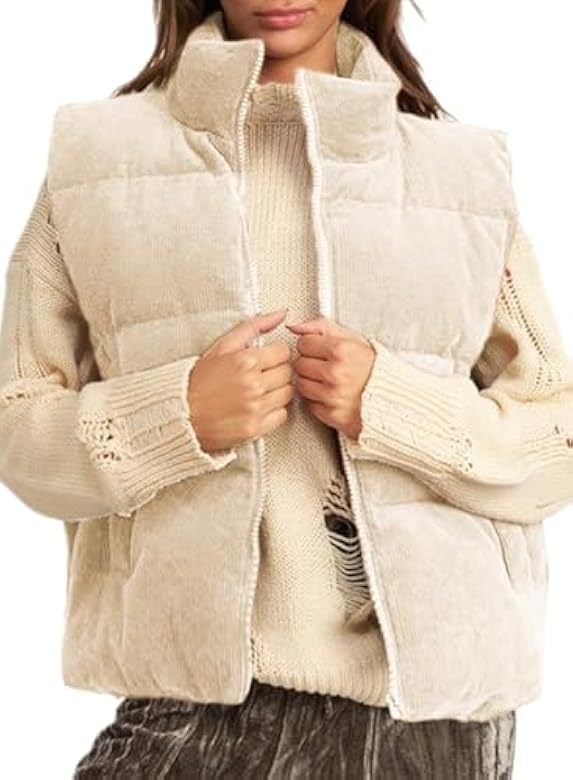 Женска corduroy жилетка със пълнеж от памук, стойкова яка, къс силует, цип отпред, Зима 2023