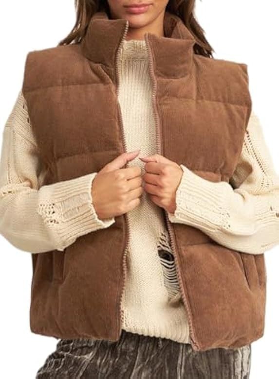 Женска corduroy жилетка със пълнеж от памук, стойкова яка, къс силует, цип отпред, Зима 2023