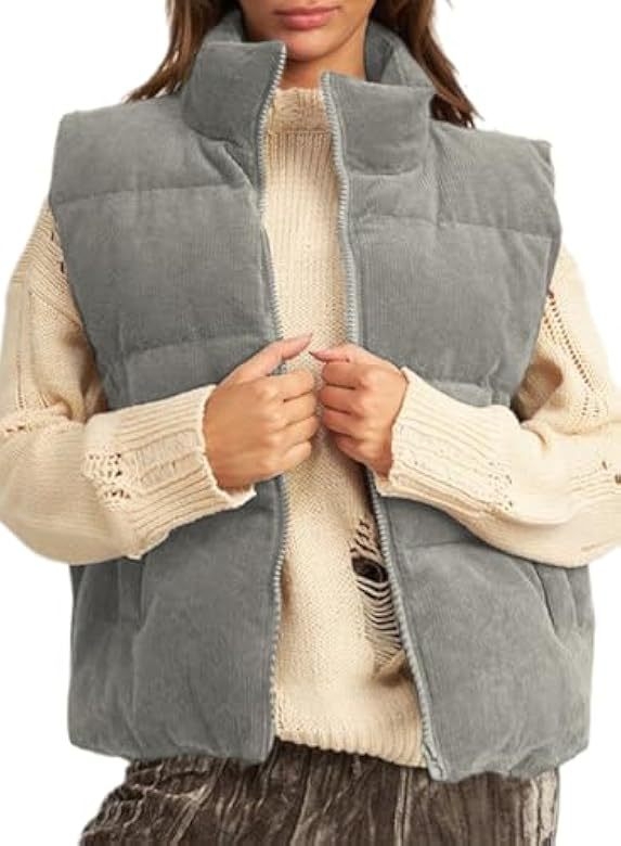 Женска corduroy жилетка със пълнеж от памук, стойкова яка, къс силует, цип отпред, Зима 2023