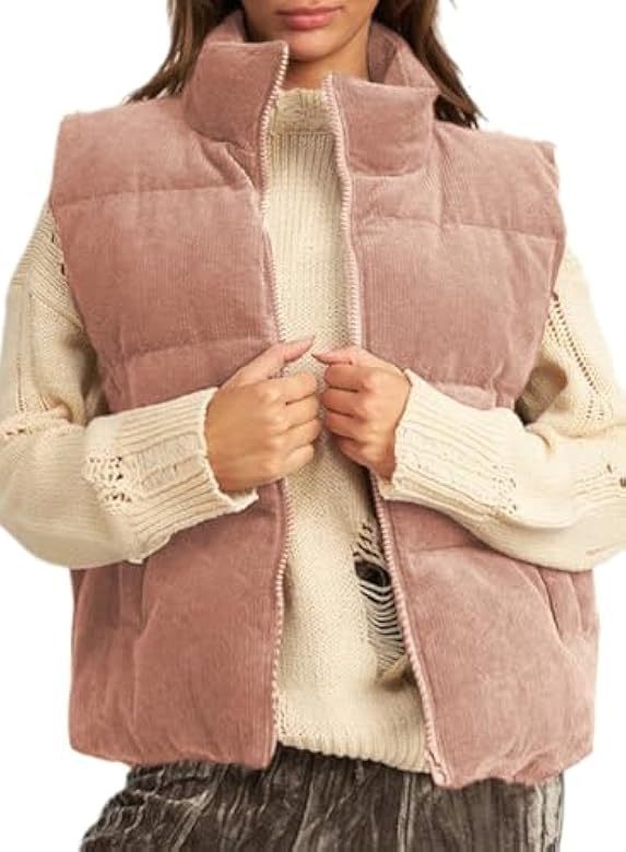 Женска corduroy жилетка със пълнеж от памук, стойкова яка, къс силует, цип отпред, Зима 2023