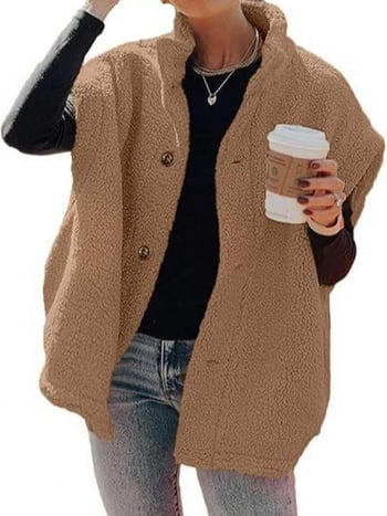 Жилетка-кардиган с ревера – изкуствен пух, средна дължина 65–80 см, свободен силует, едноцветен