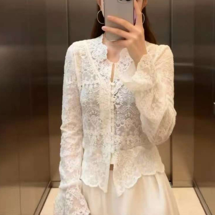 Ženska šifon bluza s 3D jacquard vezom i izvezenom, V-izrez, dugi rukav, mješavina poliester-spandeks