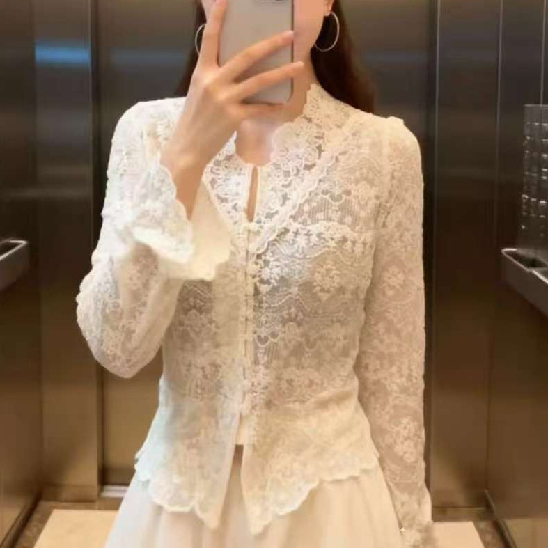 Ženska šifon bluza s 3D jacquard vezom i izvezenom, V-izrez, dugi rukav, mješavina poliester-spandeks