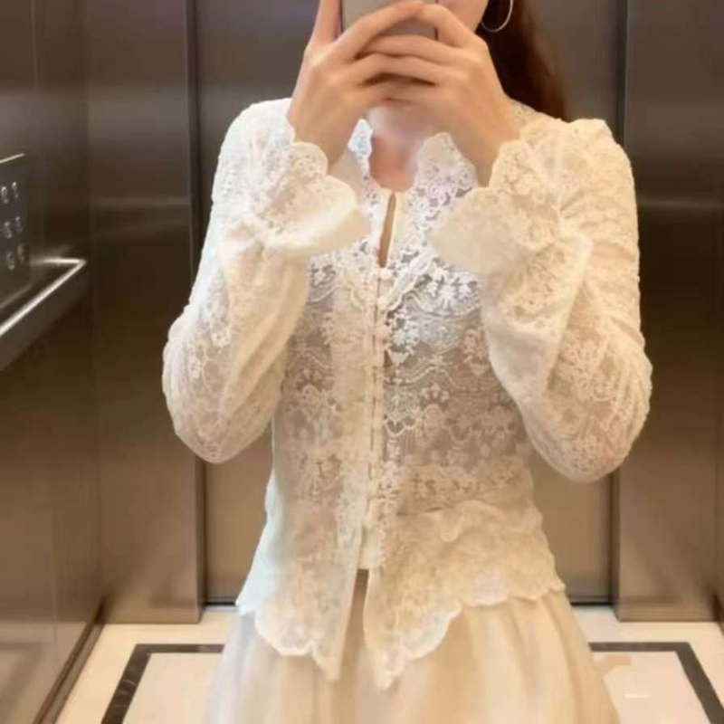 Ženska šifon bluza s 3D jacquard vezom i izvezenom, V-izrez, dugi rukav, mješavina poliester-spandeks