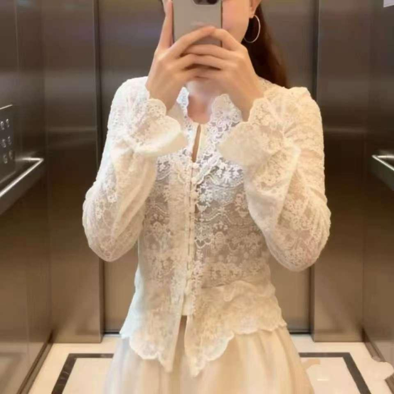 Ženska šifon bluza s 3D jacquard vezom i izvezenom, V-izrez, dugi rukav, mješavina poliester-spandeks