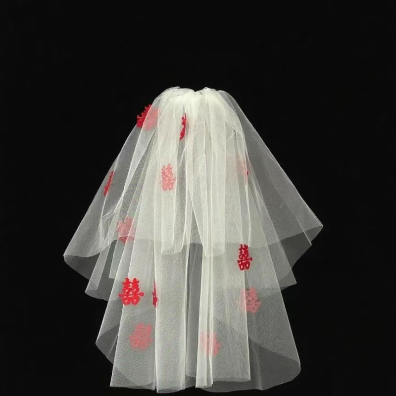 Vjenčani pribor za glavu - Crveni veo, Vintage stil za snimanje vjenčanja, Organza, Podrijetlo Zhejiang, Proljeće 2025
