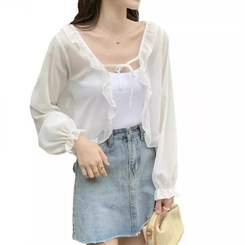 Chiffon kardigan za žene - kratka silueta, slobodan kroj, jednobojni uzorak, zvonasti rukavi, poliester 80–90%