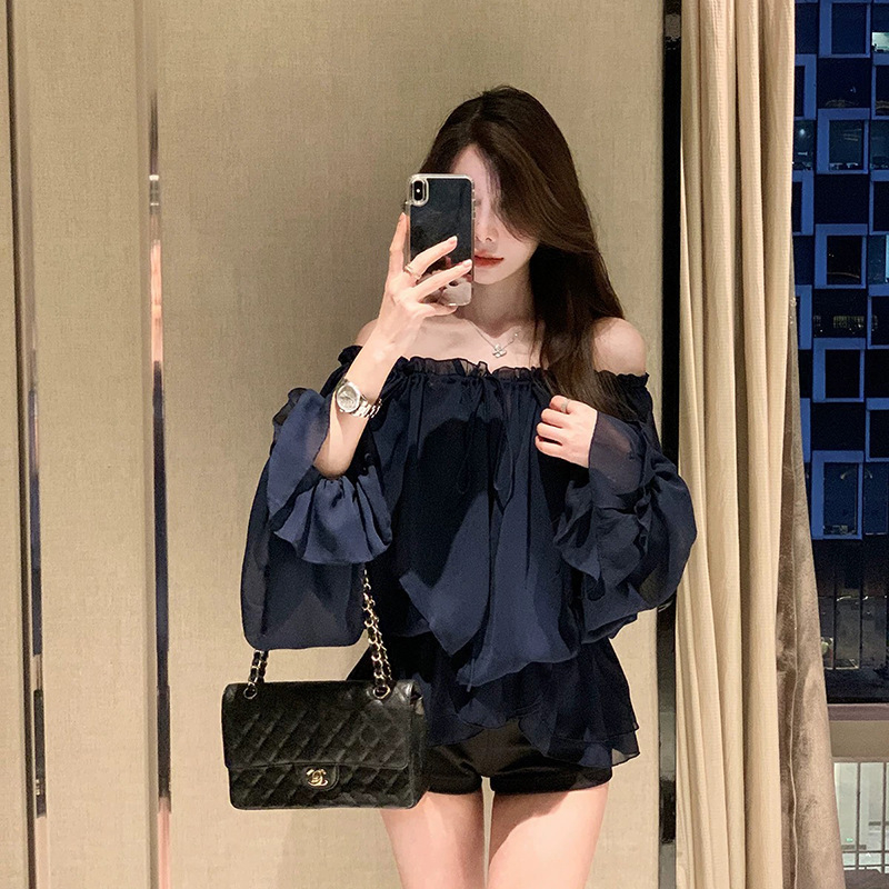 Bluza s jednim ramenom, vezanje, Chenille i Spandex, slobodan kroj, dugi rukavi