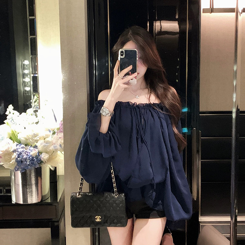 Bluza s jednim ramenom, vezanje, Chenille i Spandex, slobodan kroj, dugi rukavi