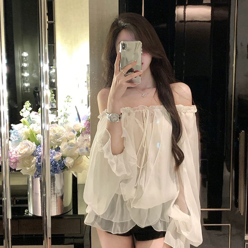 Bluza s jednim ramenom, vezanje, Chenille i Spandex, slobodan kroj, dugi rukavi