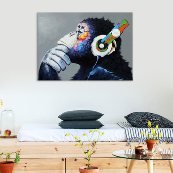 Πίνακας καμβά με Ορανγκουτάν σε ακουστικά, χωρίς πλαίσιο, μοντέρνο μινιμαλιστικό στυλ, για σαλόνι και μελέτη