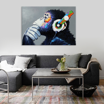 Πίνακας καμβά με Ορανγκουτάν σε ακουστικά, χωρίς πλαίσιο, μοντέρνο μινιμαλιστικό στυλ, για σαλόνι και μελέτη