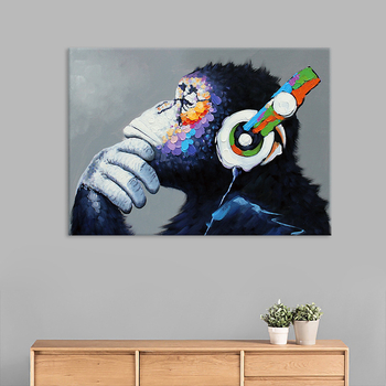 Πίνακας καμβά με Ορανγκουτάν σε ακουστικά, χωρίς πλαίσιο, μοντέρνο μινιμαλιστικό στυλ, για σαλόνι και μελέτη