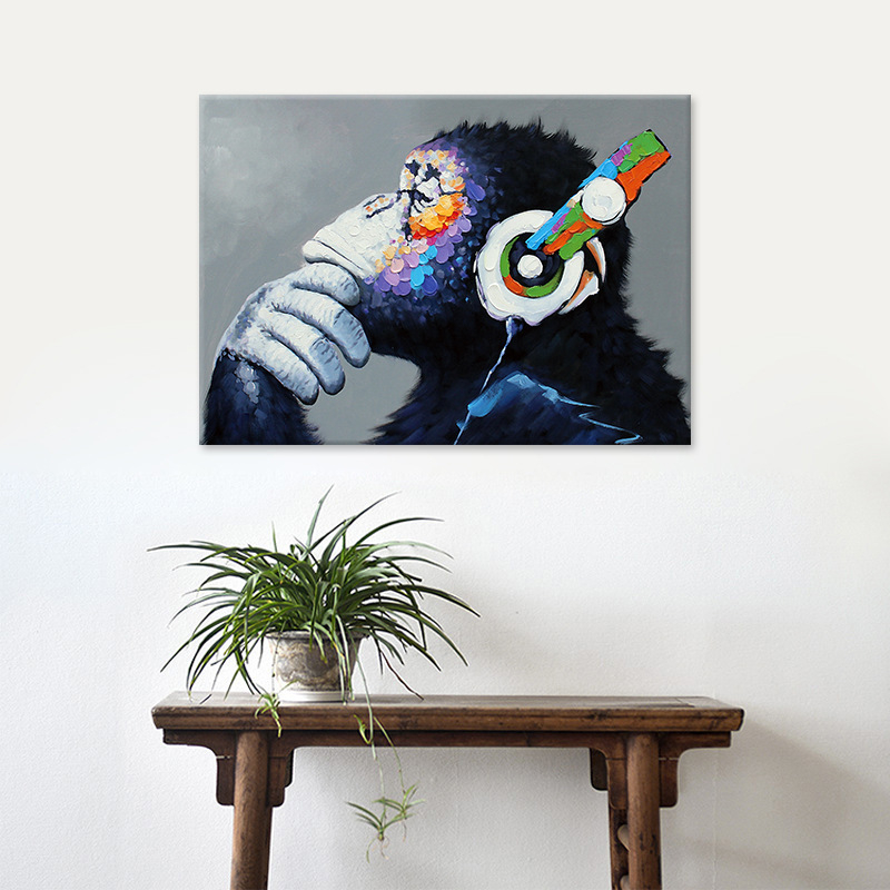 Πίνακας καμβά με Ορανγκουτάν σε ακουστικά, χωρίς πλαίσιο, μοντέρνο μινιμαλιστικό στυλ, για σαλόνι και μελέτη