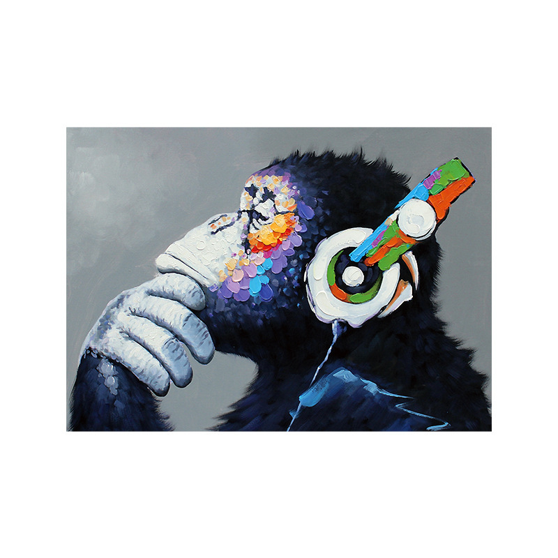 Πίνακας καμβά με Ορανγκουτάν σε ακουστικά, χωρίς πλαίσιο, μοντέρνο μινιμαλιστικό στυλ, για σαλόνι και μελέτη