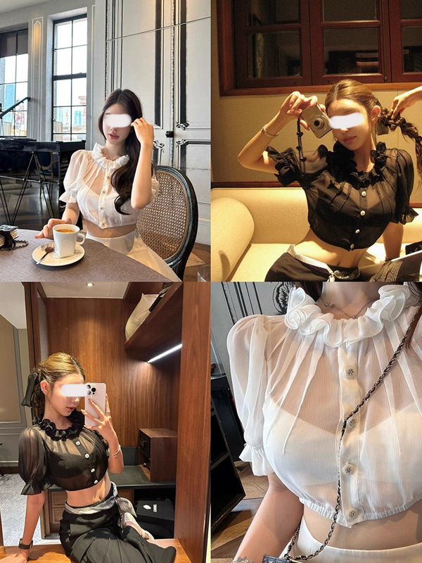 Bluza tipa Baby-Doll s ugrađenim topom, lagani poliester, puff rukavi, kružni izrez, jednobojna