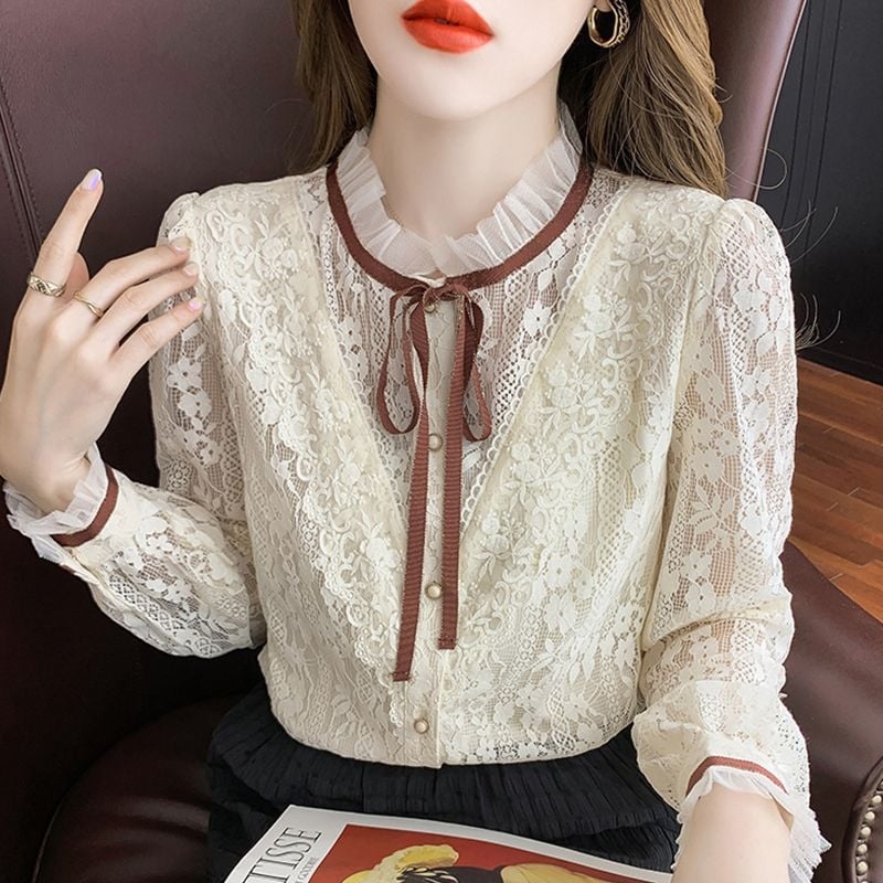 Čipkasta bluza s rubom, korejskog stila, kratki rukavi, okrugli izrez, mješavina poliestera i elastana s izgledom svile, prozirni detalji i čipkaste vezice