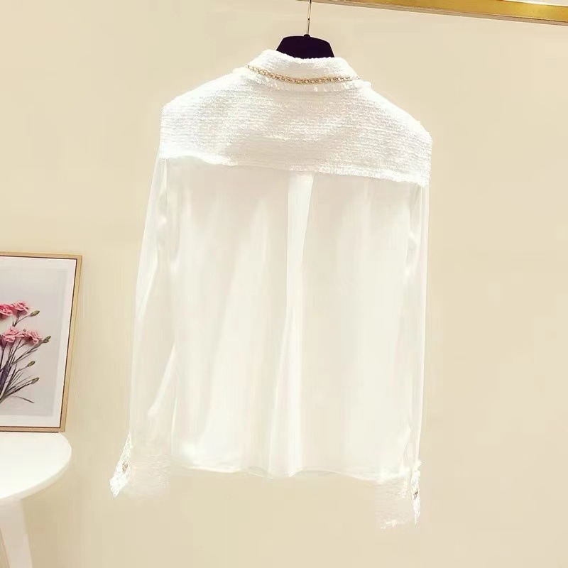 Košulja od šifona s poliester-pamuk smjesom, dugi rukavi, slobodan kroj, jednobojni uzorak, detalj šivanja koláž, proljeće 2024, elegantan gradski stil