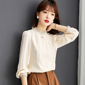 Ženska bluza s čipkom i flis podstavom, korejskog stila s polugornim ovratnikom, chiffon bluza za jesen i zimu, topla i moderna