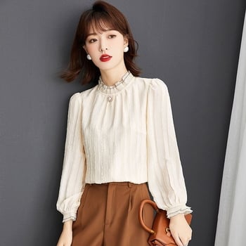 Ženska bluza s čipkom i flis podstavom, korejskog stila s polugornim ovratnikom, chiffon bluza za jesen i zimu, topla i moderna