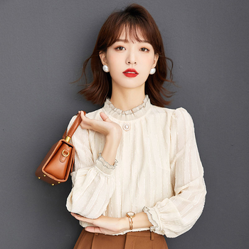 Ženska bluza s čipkom i flis podstavom, korejskog stila s polugornim ovratnikom, chiffon bluza za jesen i zimu, topla i moderna