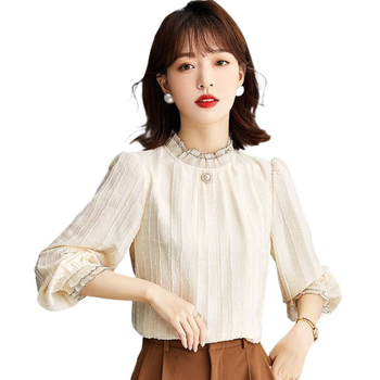 Ženska bluza s čipkom i flis podstavom, korejskog stila s polugornim ovratnikom, chiffon bluza za jesen i zimu, topla i moderna