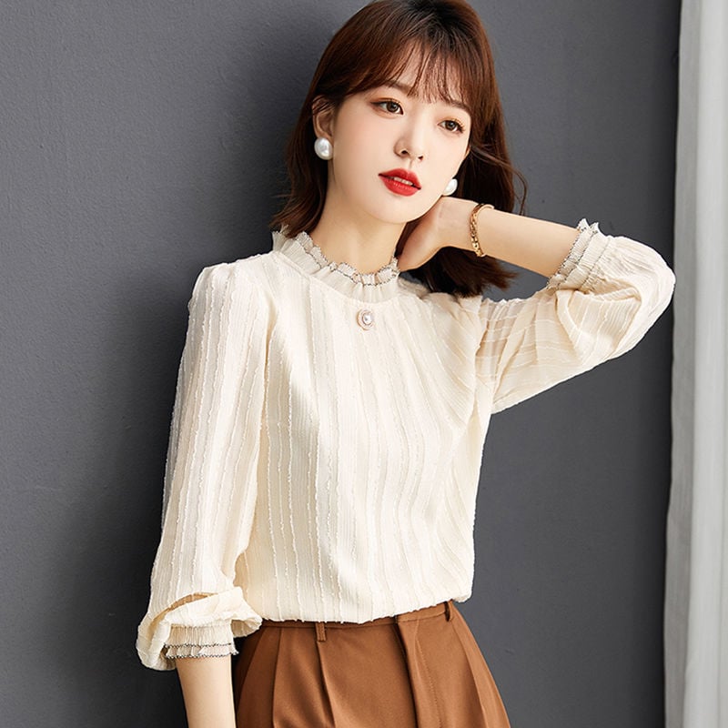 Ženska bluza s čipkom i flis podstavom, korejskog stila s polugornim ovratnikom, chiffon bluza za jesen i zimu, topla i moderna