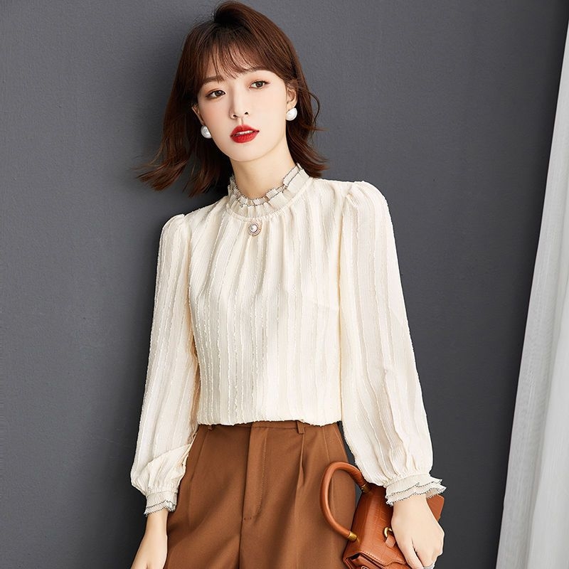 Ženska bluza s čipkom i flis podstavom, korejskog stila s polugornim ovratnikom, chiffon bluza za jesen i zimu, topla i moderna
